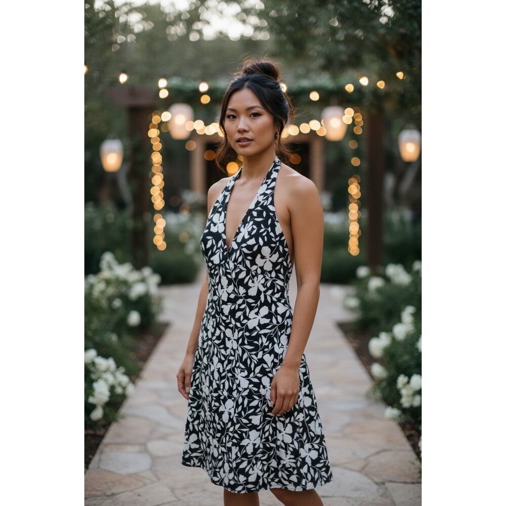 Kay Unger Black & White Floral Beaded Halter Dress – Size 12 – Elegant A-Line 🌺